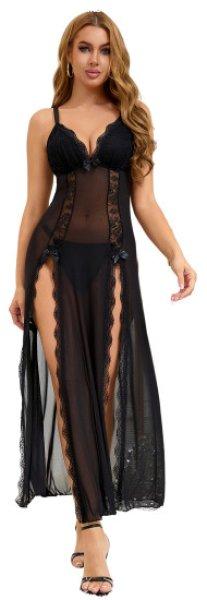 Black Sexy Mesh Lace Long Split Nightgown L