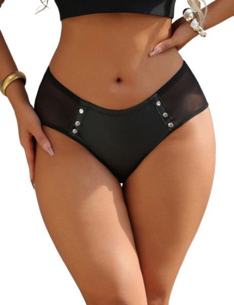 Black Sexy PU Leather Mesh Rivet Women Underwear L