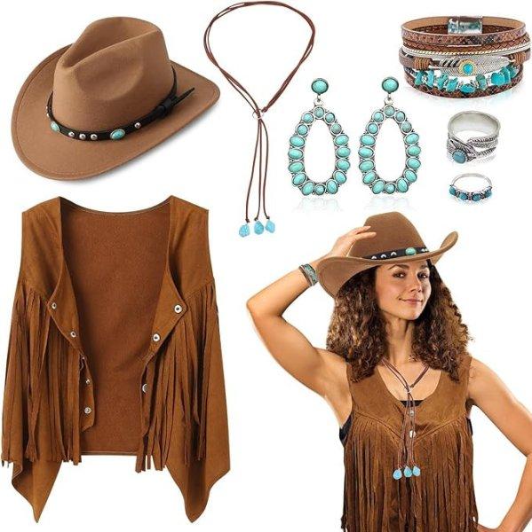 7 részes western cowgirl és 70-es évekbeli hippie jelmez szett nőknek 