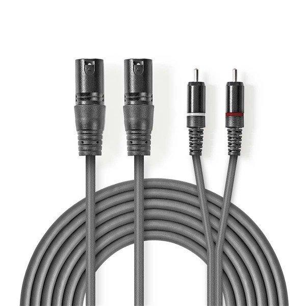 Nedis félprofi XLR audió kábel COTH15210GY30, 2x XLR 3 tűs dugó - 2x RCA
dugó, 3m