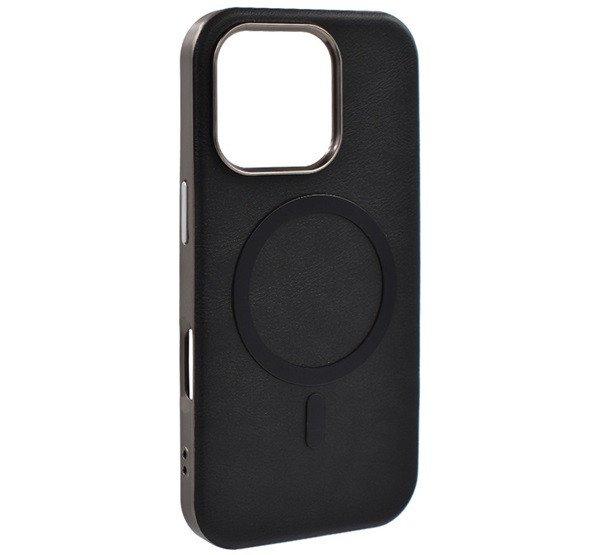 Szilikon telefonvédő (ECO bőr hatású hátlap, karcolásmentesítő belső,
fém kameravédő, MagSafe, prémium) FEKETE Apple iPhone 16 Pro Max