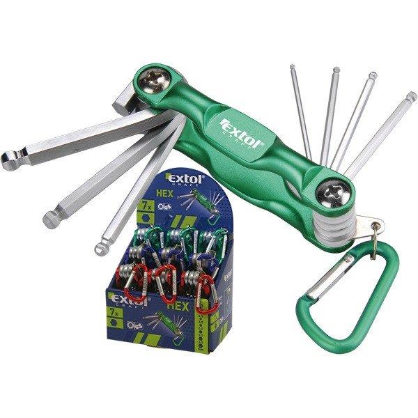 EXTOL CRAFT imbuszkulcs klt., Cr40 gömbfej, színes, TÜV/GS; 7db, 1,5-6mm,
karabínerrel, 9 darabonként kínálódobozban