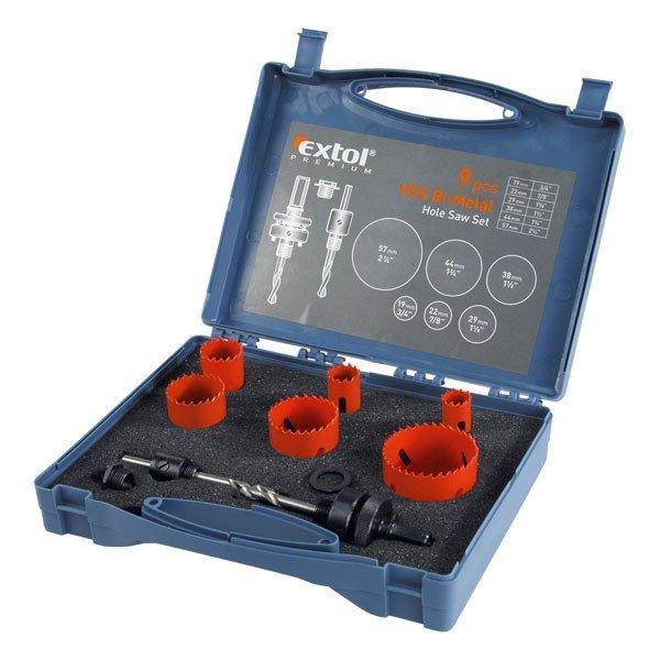 EXTOL PREMIUM körkivágó klt., HSS Bi-metál, 9db-os, (19-22-29-38-44-57mm)
műanyag,fa,gipszkarton,ALU,réz,vas, acél, rozsdamentes