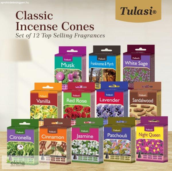 Tulasi Klasszikus Kúpfüstölő Ajándékcsomag 12 illat (20 kúp / doboz, 120
kúp összesen)