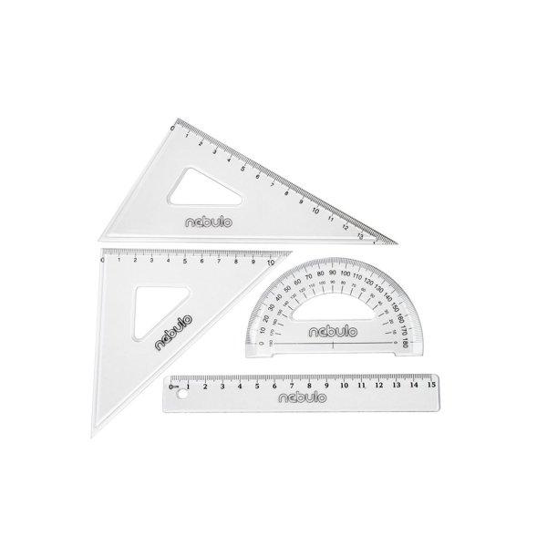 Vonalzókészlet, 15 cm egyenes vonalzó, szögmérő, 45° 13 cm és 60° 18 cm
háromszög vonalzó, 4 db/bliszter Educa