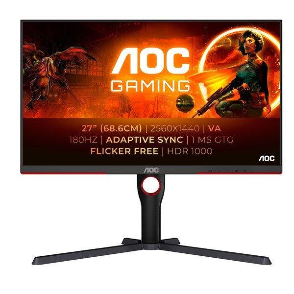 AOC Gaming 180Hz monitor 27" Q27G3XMN/BK, 2560x1440 16:9, 1.000cd/m2, 1ms,
2xHDMI/DisplayPort, áll. mag.,pivot, HDR1000