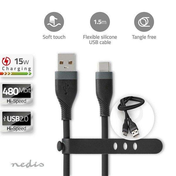 Nedis CCGB60800BK15 flexibilis USB A - USB C (USB-C) kábel, USB2.0, 15W, hossz
1,5m, fekete rugalmas szilikon