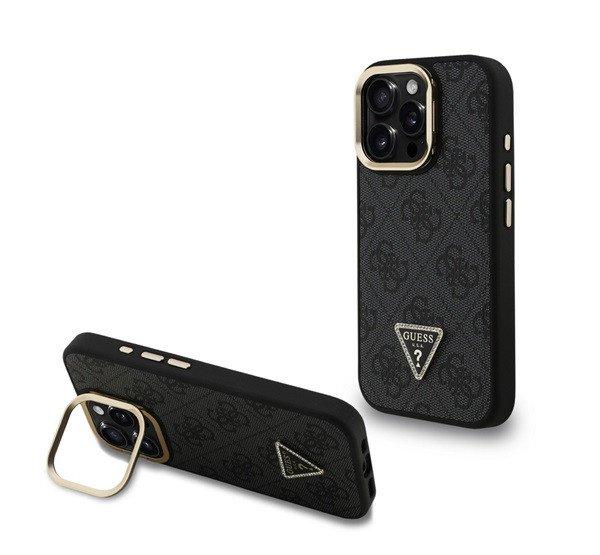 GUESS PU 4G STRASS TRIANGLE LOGO STAND műanyag telefonvédő (ütésállóság,
bőr hatású hátlap, kitámasztó) FEKETE Apple iPhone 15 Pro