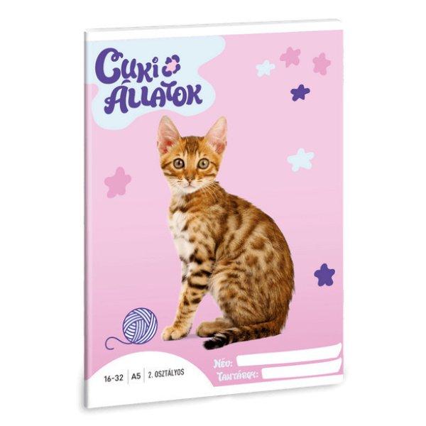 Cuki állatok tűzött füzet A/5, 32 lap vonalas 2.osztály (16-32), bengáli
macska
