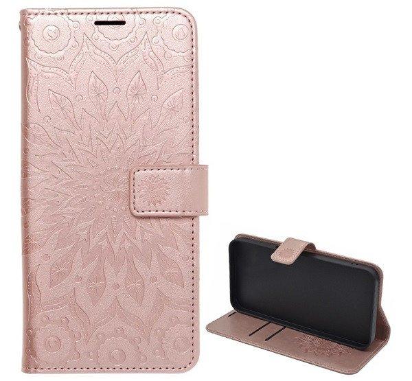 Tok álló, bőr hatású (FLIP, oldalra nyíló, asztali tartó, kézpánt,
mandala) ROZÉARANY Apple iPhone 14 Pro