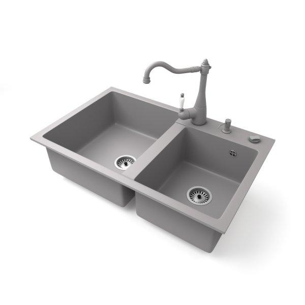 Gránit mosogatótálca NERO Palazzo + Retro csaptelep + adagoló +
dugókiemelő (szürke)