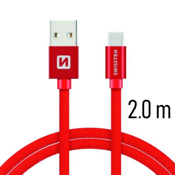 Adatkábel Swissten textil USB-C konnektorral és gyorstöltés támogatással 2
m, piros