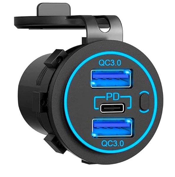 Autós USB töltő 2xQC3.0 + PD kék világítással